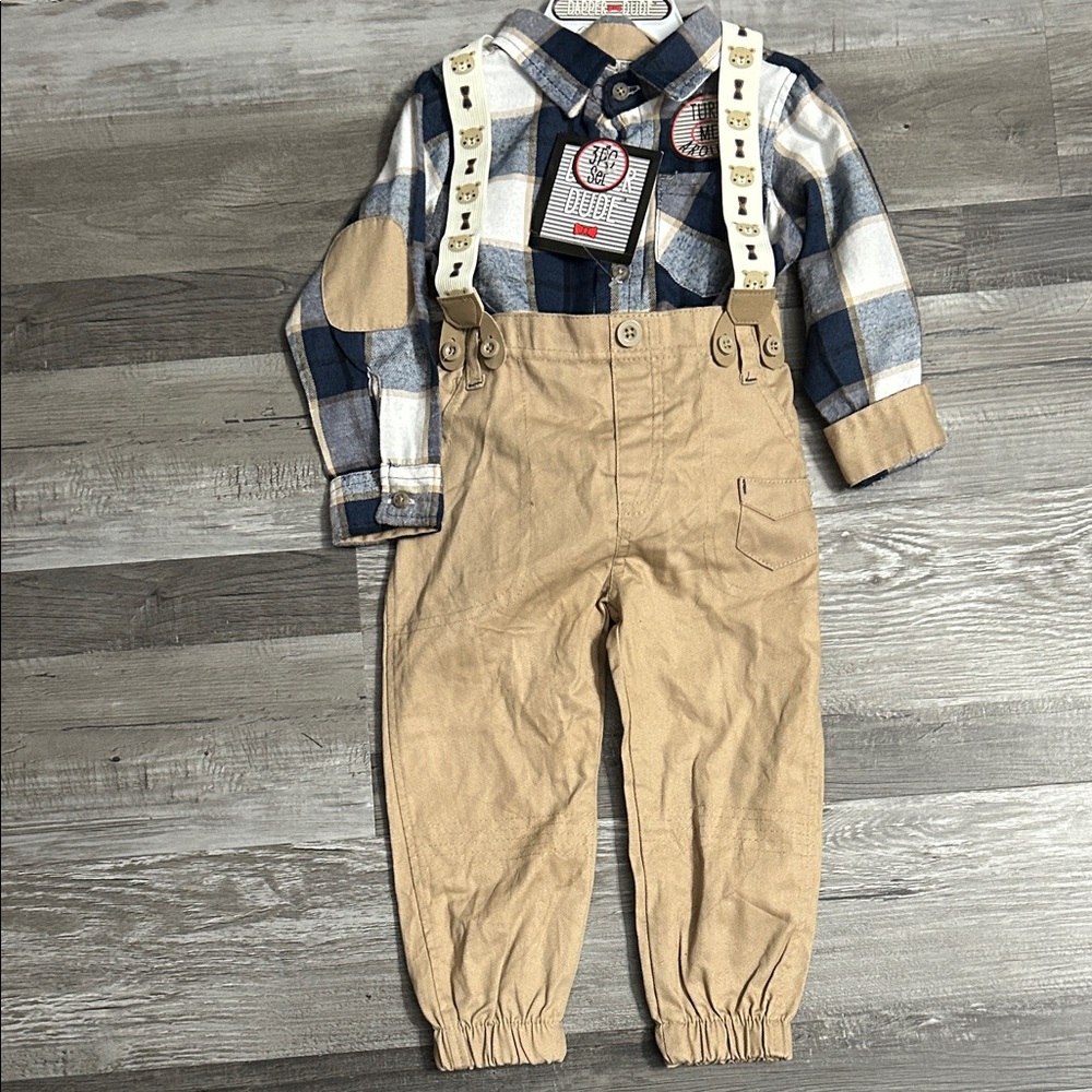 Tan Suspender Overalls with Blue Plaid Shirt Set